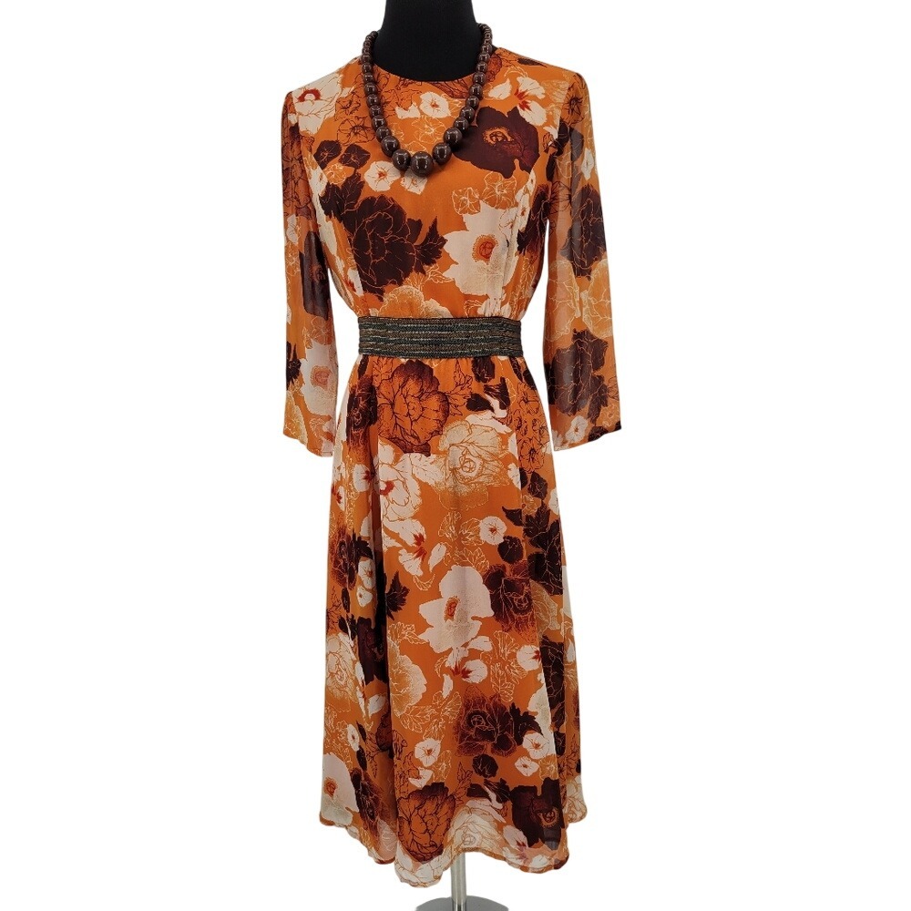 Eva Mendes Orange Floral Mid Calf Flared Skirt 3/4 Sleeve‎ Dress sz. 0